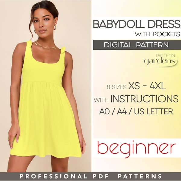 Short Summer Dress Pattern, Babydoll Dress Sewing Pattern XS - 4XL, Easy Dress Pattern, PDF Beginner Patterns, Plus Size Dress Pattern