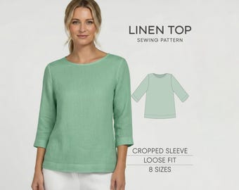 Patroon linnen blouse, naaipatroon damestop voor geweven stoffen, eenvoudig toppatroon voor dames, pdf-naaipatroon grote maten