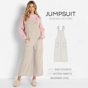 May include: A woman wearing a beige corduroy jumpsuit with side pockets, paired with a pink sweater and matching shoes. The image also features a jumpsuit sewing pattern with the text "JUMPSUIT SEWING PATTERN". The pattern is for woven fabrics and is beginner level.