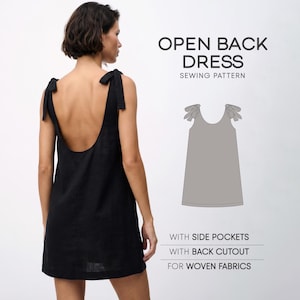 Puede incluir: Vestido negro con espalda abierta y tirantes anudados. El vestido tiene la espalda redondeada y una silueta sencilla. La imagen también incluye un diagrama de patrón de costura con el texto "OPEN BACK DRESS SEWING PATTERN" y "WITH SIDE POCKETS WITH BACK CUTOUT FOR WOVEN FABRICS."