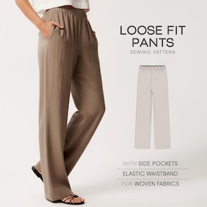 May include: Loose fit pants sewing pattern. The image shows a person wearing loose-fitting, light brown trousers with an elasticated waistband and side pockets. The text on the image says "Loose Fit Pants Sewing Pattern". The trousers are made for woven fabrics.