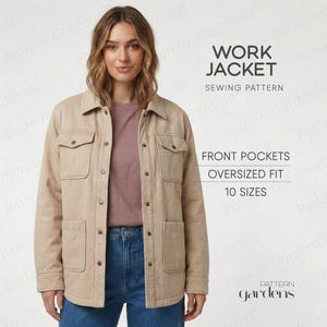 Peut inclure: Un patron de couture de veste de travail beige avec des poches avant et une coupe ample. La veste a une fermeture boutonnée, deux poches de poitrine et deux poches inférieures. Le texte sur l'image indique "WORK JACKET SEWING PATTERN".