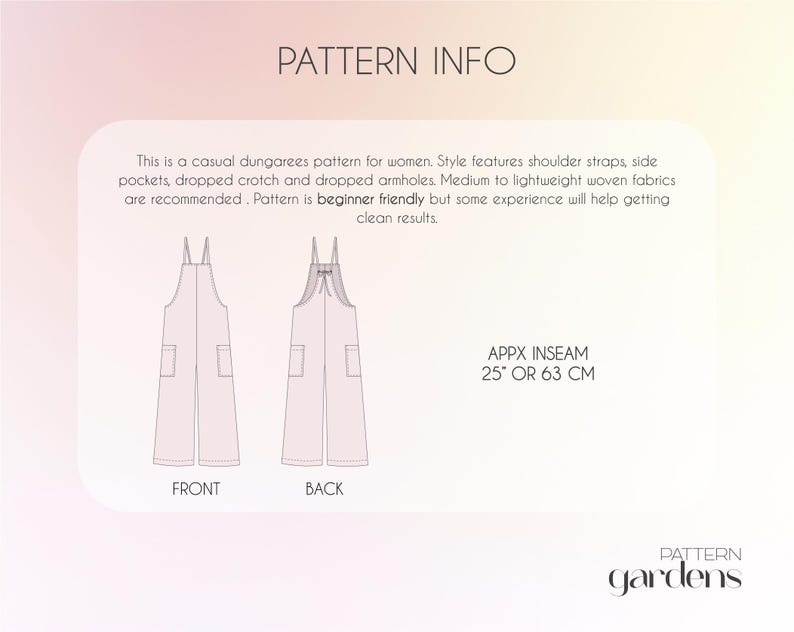 Women’s dungarees sewing pattern, overalls PDF pattern, loose fit overalls pattern, relaxed fit dungarees for women, beginner-friendly sewing pattern, printable PDF overalls pattern, casual jumpsuit sewing pattern, DIY linen dungarees pattern, digital sewing pattern for woven fabrics, summer overalls pattern, comfortable bib pants sewing pattern