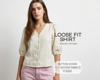 Linen Blouse Sewing Pattern For Women, Muslin Top Pattern, Simple Shirt Pattern For Woven Fabrics, Plus Size Blouse Sewing Pattern