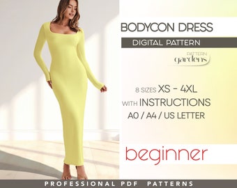 Bodycon Dress Pattern XS - 4XL, Long Fitted Dress Beginner Sewing Pattern Women Maxi Dress Pattern, PDF Digital Sewing Patterns