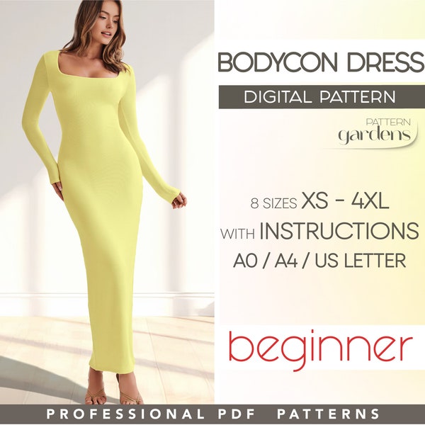 Bodycon Dress Pattern XS - 4XL, Long Fitted Dress Beginner Sewing Pattern Women Maxi Dress Pattern, PDF Digital Sewing Patterns