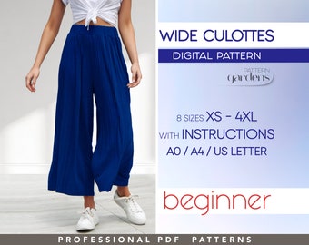 Patrón de costura culottes, Patrón pantalones pierna ancha, XS - 4XL, Patrón principiante pantalones tallas grandes, Patrón pantalones palazzo, Patrones de costura PDF