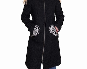 Black Wool Coat Women Embroidered Pockets Boho Jacket Long Warm Minimalist Outerwear