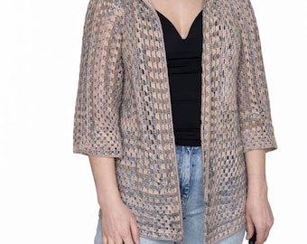 Handmade Crochet Cardigan: Boho Open Knit Sweater, Neutral Tones, Festival Style