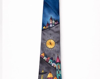 Hand Painted Silk Tie, 90s Cityscape Necktie, Wearable Art