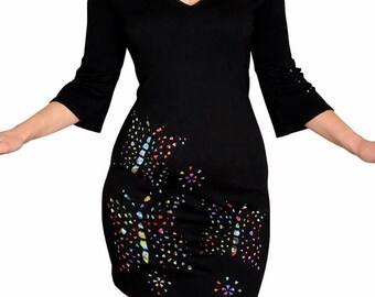 Desigual Black Mini Dress Size L, Colorful Art Print, Boho Bodycon, V-Neck Bell Sleeve