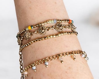 Boho Layered Bracelet Set: Gold Beads, Colorful Stones, Charm Accents