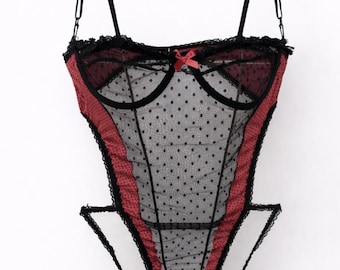 Vintage Red Black Lace Bodysuit Lingerie | Retro Sheer Mesh Teddy | Burlesque Corset Style One Piece | Romantic Gothic Underwear