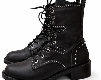 Zara Black Leather Combat Boots, Studded Ankle Boots, Women's Size 36 Pre-Owned