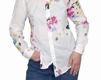 Joules White Floral Cotton Button Up Shirt – Cottagecore Top (UK 10 / EU 38)