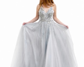 Tiffany Designs Silver Prom Dress XS – Beaded Tulle Ball Gown – Cinderella Princess Formal Pageant Dress