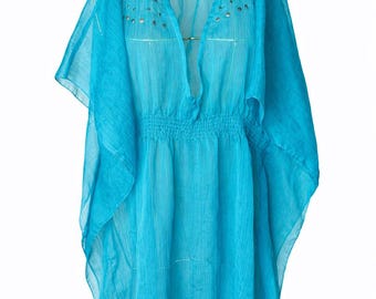 Y2K Turquoise Beach Kaftan Tunic Boho Sheer Cover Up Studded Festival Dress Size M