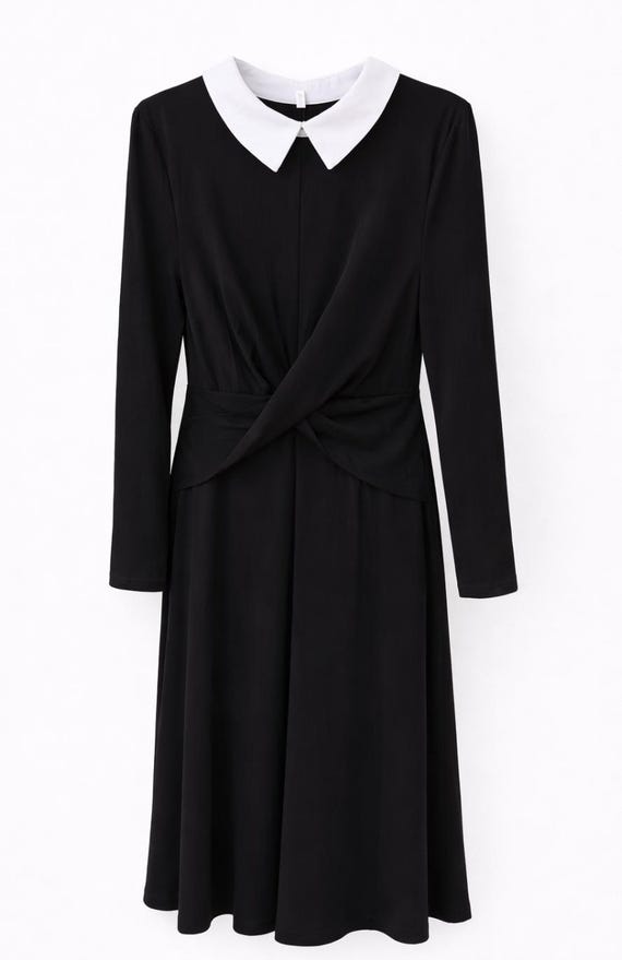 wednesday addams black dress white collar Style Midi | Gothic Minimal Long Sleeve Size:56R/50W Top off the look Bone H&M black summer dress