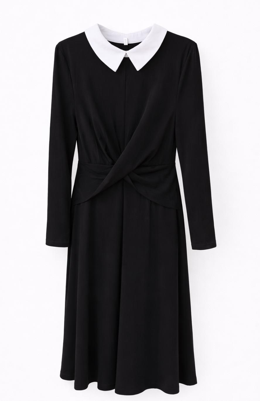 black midi dress white collar Wednesday Addams Style | Gothic Minimal Long Sleeve Waist 27 5/8 (70 gifts Black Waffle Knit Quarter-Zip Mother Size:10 US