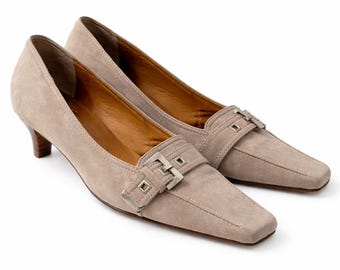 Spanish Suede Loafers Beige Square Toe Leather Sole Flats (EU 36)