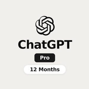 Può includere: Grafica beige chiaro con il logo ChatGPT in alto, seguito dal testo "ChatGPT" in grassetto nero. Sotto, un rettangolo nero recita "Pro", e un rettangolo bianco sotto indica "12 Mesi."