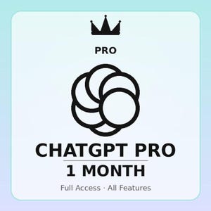Può includere: Grafica quadrata bianca con una corona nera e la parola "PRO" sopra un design circolare nero. Sotto, il testo recita "CHATGPT PRO 1 MESE" con "Full Access • All Features" in basso.