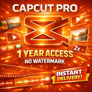 May include: An eye-catching orange graphic advertising CapCut Pro. The image includes the CapCut logo, filmstrip elements, and the text "1 YEAR ACCESS" and "NO WATERMARK." The words "INSTANT DELIVERY!" are also displayed.