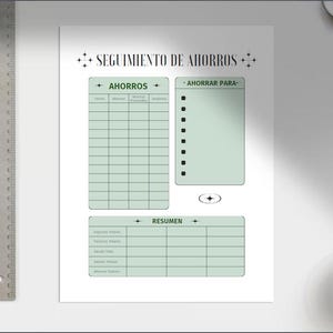 Puede incluir: Un rastreador de ahorros imprimible con secciones para "Ahorros" (ahorros) y "Ahorrar Para" (ahorrar para). El rastreador incluye una tabla para registrar las fechas de ahorro, las cantidades y las descripciones, una sección para enumerar las metas de ahorro y una tabla de resumen para realizar un seguimiento del progreso.