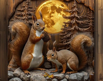 Squirrel Wall Art, Woodland Forest Canvas Print, Rustic Animal Artwork, Moonlit Nature Decor, Cabin Lodge Wildlife Wall Art