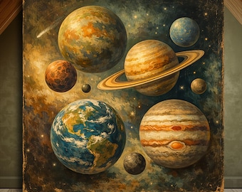 Solar System Wall Art, Cosmic Planets Canvas Print, Vintage Universe Painting, Astronomy Space Decor, Galaxy Wall Art
