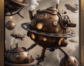 Steampunk Fantasy Wall Art, Floating Mechanical Worlds, Industrial Sci Fi Canvas Print, Clockwork Planet Artwork, Unique Home Decor