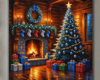 Cozy Christmas Cabin with Fireplace and Tree – Warm Winter Holiday Wall Art Print, Festive Home Décor with Gifts and Candlelight