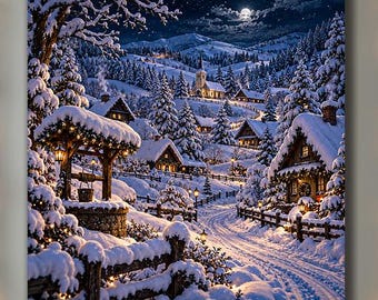 Christmas Village Wall Art, Snowy Winter Village Canvas Print, Rustic Christmas Landscape, Cozy Holiday Decor, Winter Wonderland Art