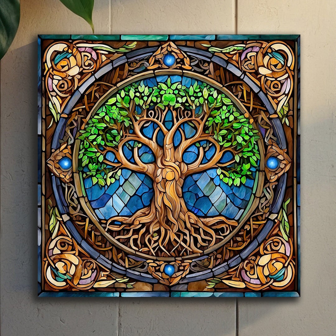 Tree of Life Stained Glass Canvas Wall Art, Yggdrasil Wall Art, Celtic