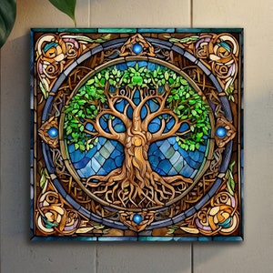 Tree Of Life Stained Glass Canvas Wall Art, Yggdrasil Wall Art, Celtic Canvas Art, Yggdrasil Wall Art, Norse Mythology Art, Mandala Wall Art