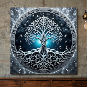 Tree of Life Canvas Wall Art, Yggdrasil Canvas, Mystical Night Sky Circle Print, Celtic Tree Wall Art, Norse Mythology Canvas, Spiritual Art