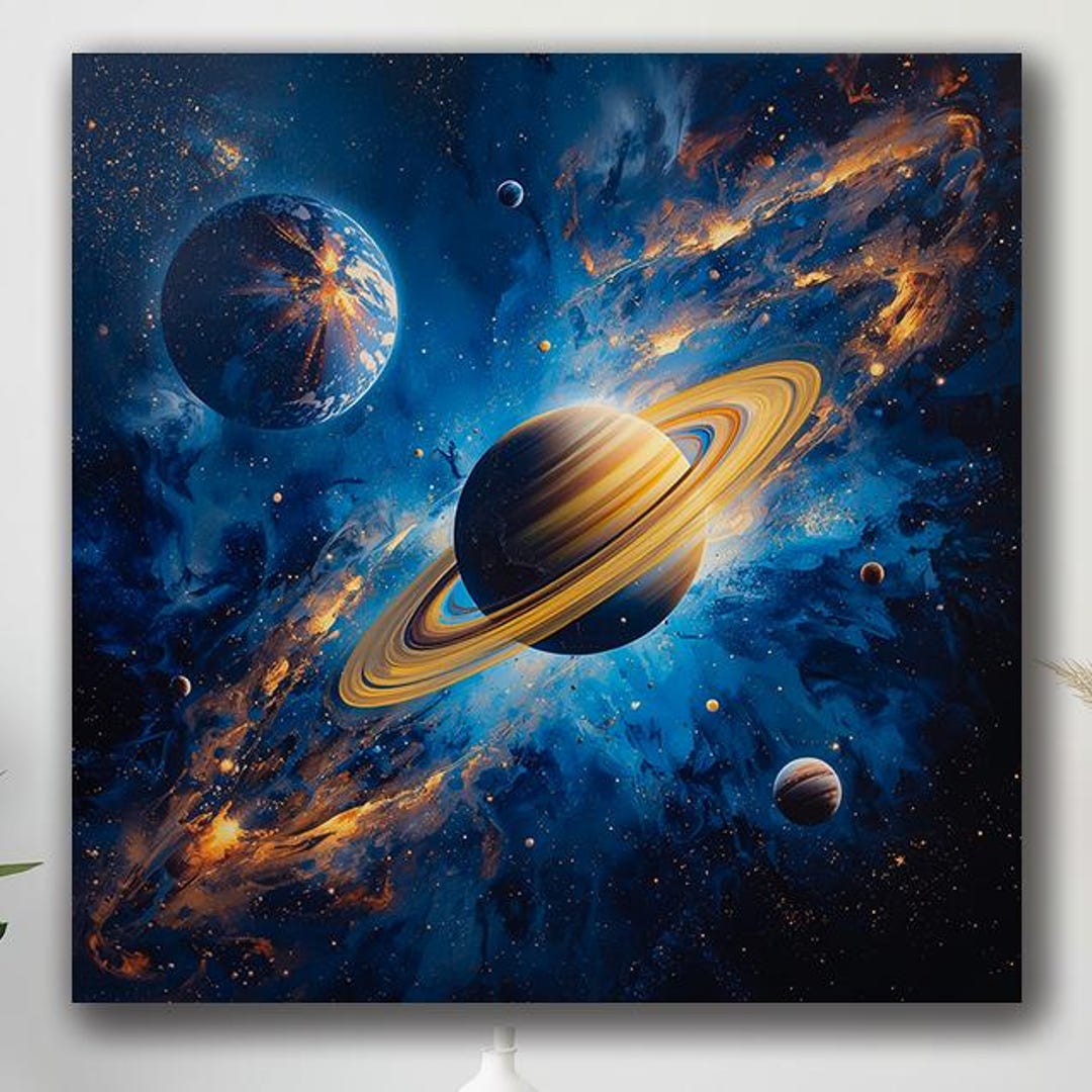 Saturn and Planets in Exploding Cosmic Nebula – Vibrant Deep Space Wall ...