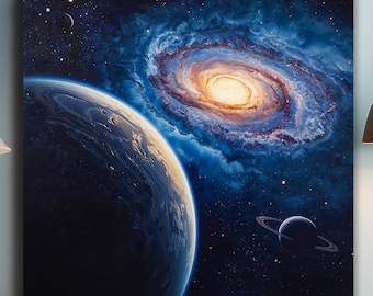 Cosmic Galaxy and Planets Deep Space Art – Vibrant Universe Wall Art Print, Nebula Astronomy Artwork for Sci-Fi Modern Home Décor