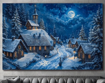 May include: A winter landscape painting showing a snow-covered village under a starry night sky. The artwork features a church, houses with lit windows, and a winding road. The full moon illuminates the scene, creating a serene and festive atmosphere.