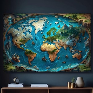 Fantasy Weltkarte Leinwand, Fantasy Leinwand Wandkunst, Detaillierte Weltkarte Kunst, Nautische Fantasie Karte, Vintage Fantasy Welt Kunst