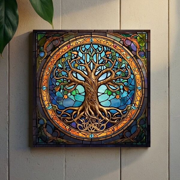 Tree of Life Stained Glass Wall Art, Yggdrasil Canvas, Vibrant Home Decor, Mandala Wall Decor, Spiritual Nature Inspired Artwork