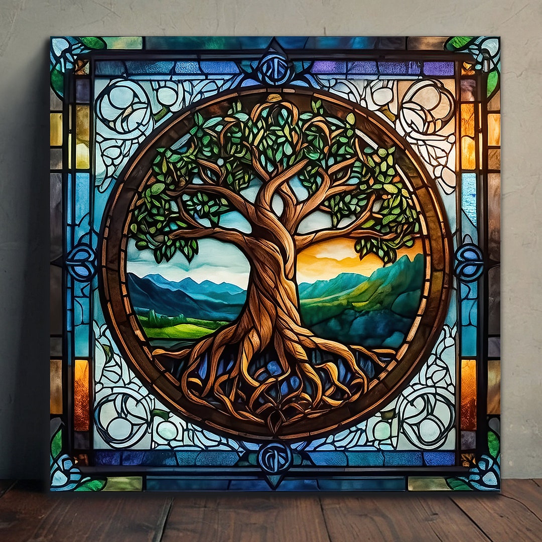 Stained Glass Tree of Life Wall Art, Yggdrasil Canvas, Mandala Wall Art ...