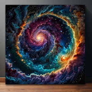 Op de afbeelding: Een draaiende galaxie met levendige kleuren van paars, blauw, oranje en geel. De galaxie is gevuld met sterren en een helder licht in het midden.