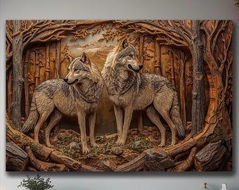 Wolf Couple Wall Art – Realistic Woodland Wolves, Rustic Wildlife Decor, Forest Nature Painting for Cabin, Animal Lover Gift, Wood Aesthetic