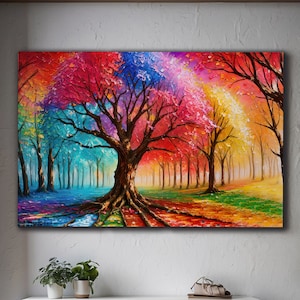 Nature Forest Canvas, Colorful Autumn Tree Wall Art, Landscape Canvas Wall Art, Vivid Tree Painting, Large Nature Home Decor, Autumn Canvas