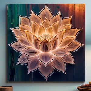 May include: A white paper lotus flower with intricate details, illuminated from within, against a dark wood background.