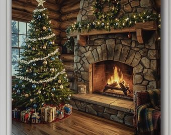 Rustic Christmas Cabin Living Room with Fireplace and Tree – Cozy Winter Holiday Wall Art Print, Warm Festive Home Décor Gift