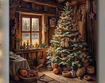 Rustic Christmas Cabin Interior with Tree and Candlelight – Cozy Winter Holiday Wall Art Print, Warm Farmhouse Home Décor, Xmas Tree Canvas