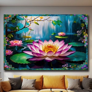 Lotus Blume Leinwand Wandkunst, Ruhige Seerosen Leinwanddruck, Gelassene Blumen Wandkunst, Natur inspiriertes Dekor, Friedliche Teich Leinwand