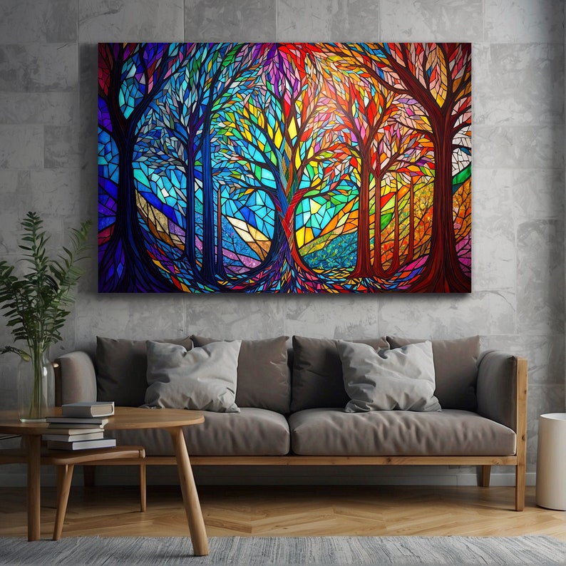 Stained Glass Trees Canvas Wall Art, Nature Inspired Wall Hanging, Colorful Tree Art Print
